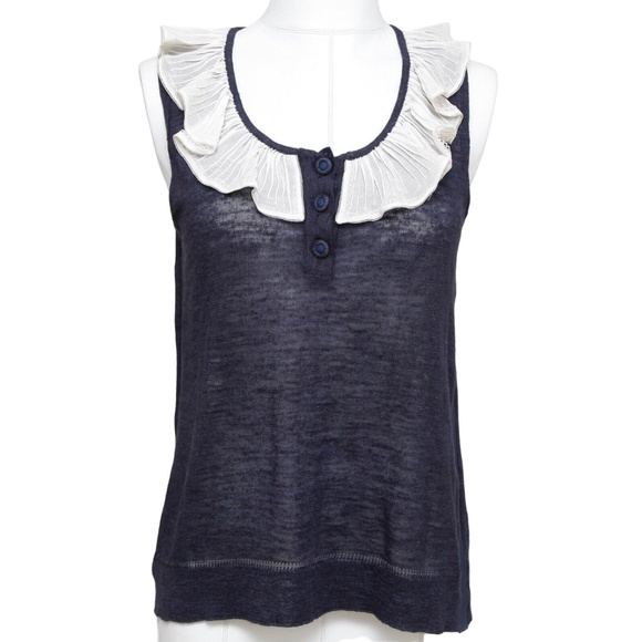 Chloe Tops - CHLOE Sleeveless Top Shirt Sleeveless Navy Ivory Ruffle Henley XS 2007
